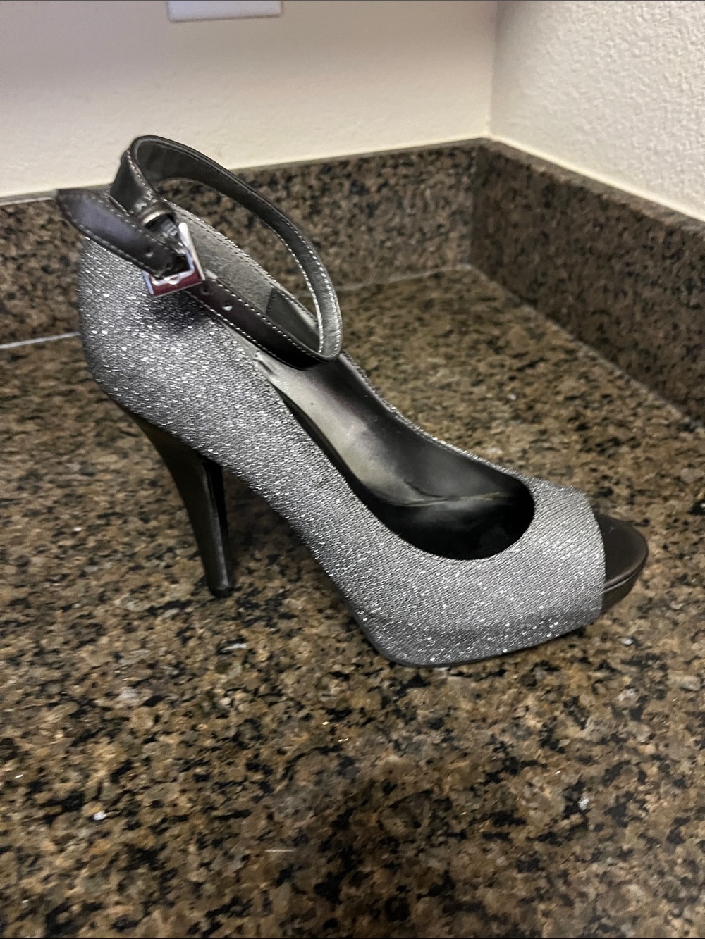 G by Guess Silver Glitter Peep-Toe Ankle-Strap Pumps